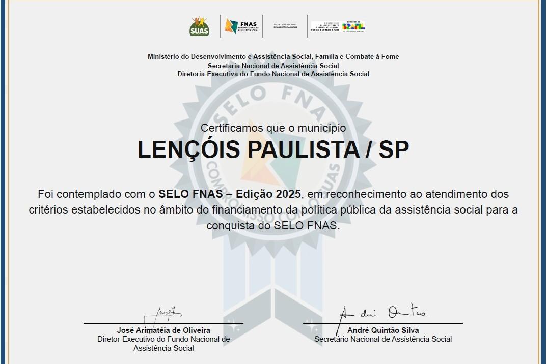 Lençóis Paulista conquista Selo FNAS 2025 que reconhece excelência na gestão da Assistência Social