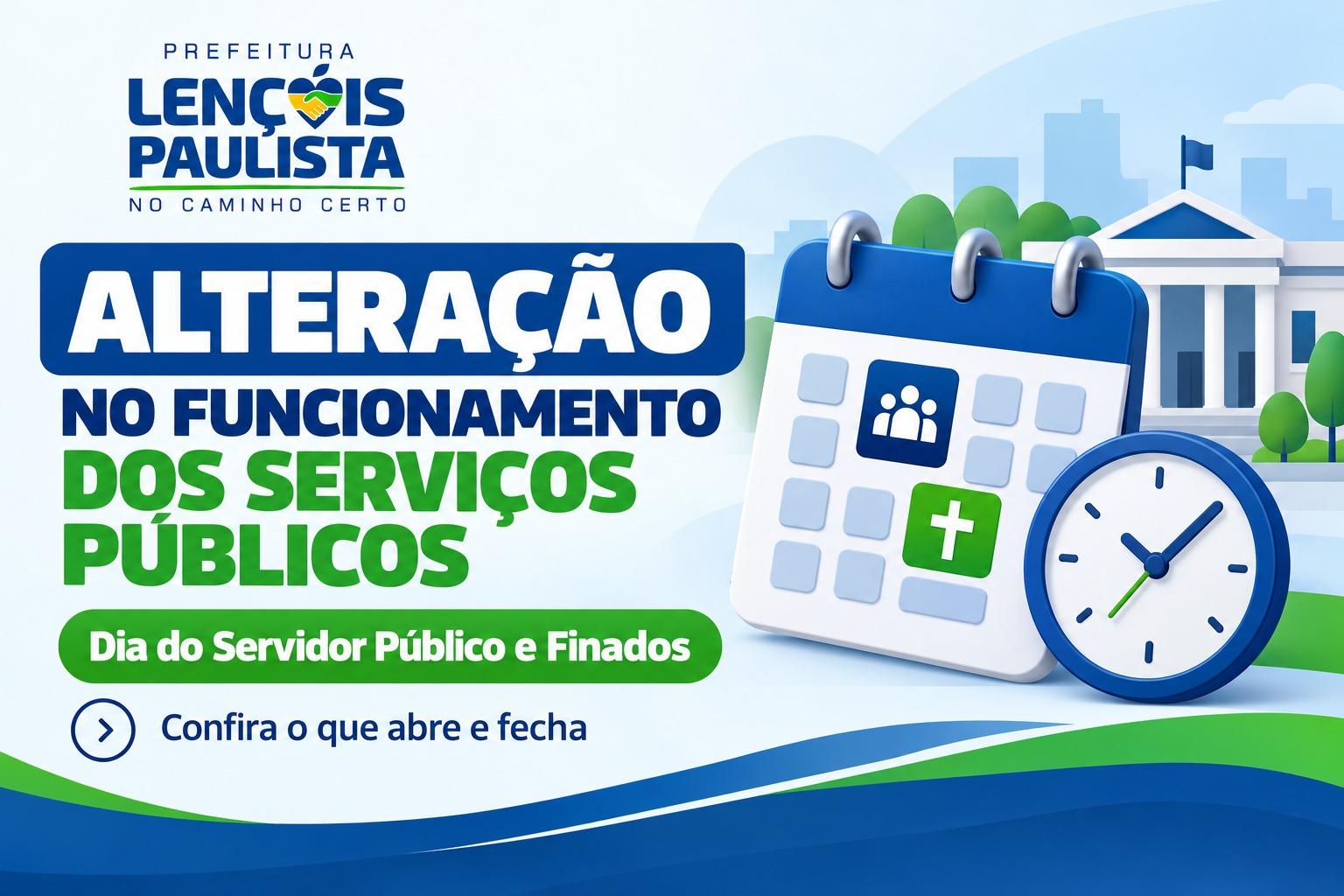 Durante o período, os serviços municipais terão alterações nos horários de funcionamento. Os atendimentos essenciais serão mantidos, conforme a programação de cada setor.