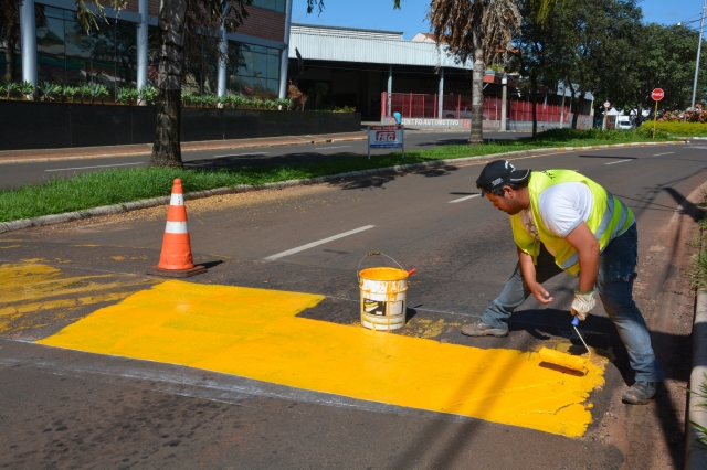 Servidor realiza pintura de lombada na avenida Papa João Paulo Segundo