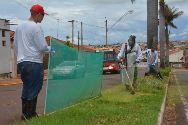 Equipes trabalham na manutenção de um dos canteiros da avenida Padre Salústio