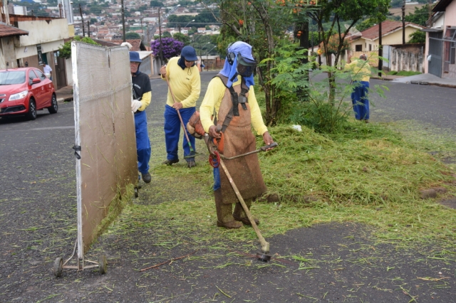 Equipes durante o trabalho de manutenção em canteiros da avenida Cruzeiro do Sul