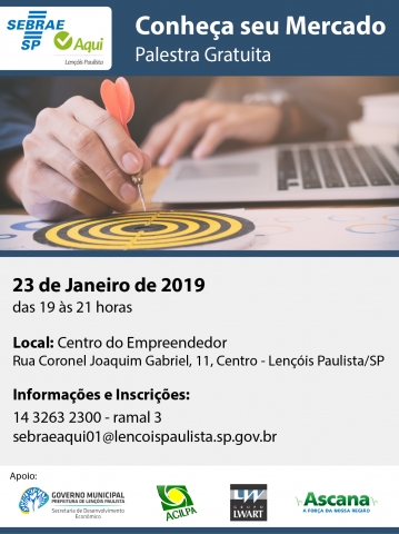A palestra com duas horas de duração será realizada no Centro do Empreendedor no dia 23 de janeiro