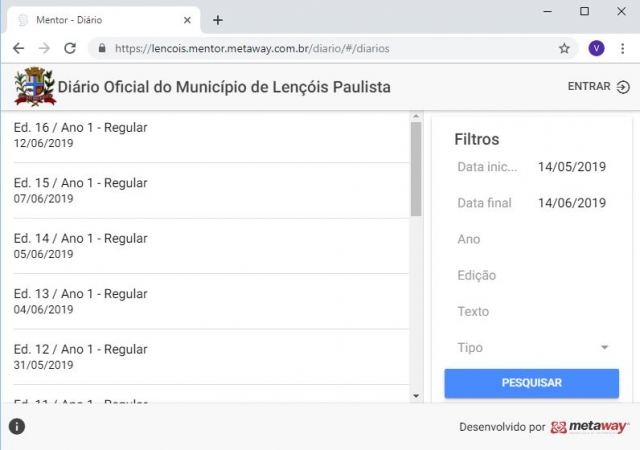 Tela do Diário Oficial Eletrônico que fará a divulgação dos atos oficiais do Município