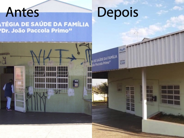 A fachada do antes e depois da revitalização da ESF “João Paccola Primo” (Núcleo Luiz Zillo)