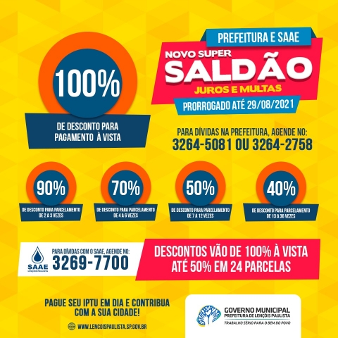 Contribuintes tem até 29 de agosto para realizar a renegociação de seus débitos junto a Prefeitura e SAAE