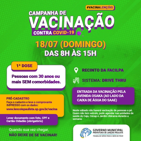 Domingo tem vacinação para quem tem acima de 30 anos na Facilpa