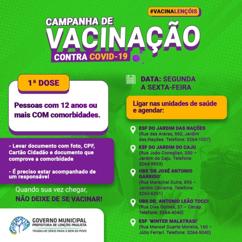 Esta semana começa a vacinação para adolescentes acima de 12 anos com comorbidades