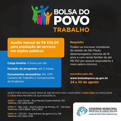 Inscrições para o Programa Bolsa Trabalho serão feitas online