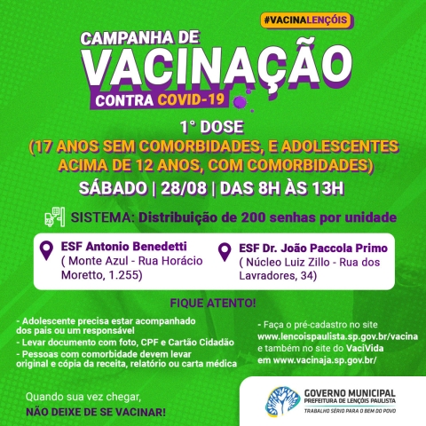 Neste sábado não haverá aplicação da primeira dose na Facilpa