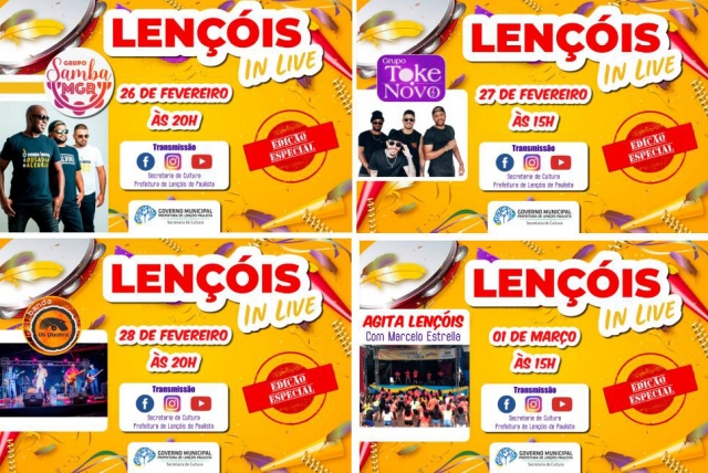 Apresentações serão transmitidas pelas redes sociais da Prefeitura e Secretaria de Cultura