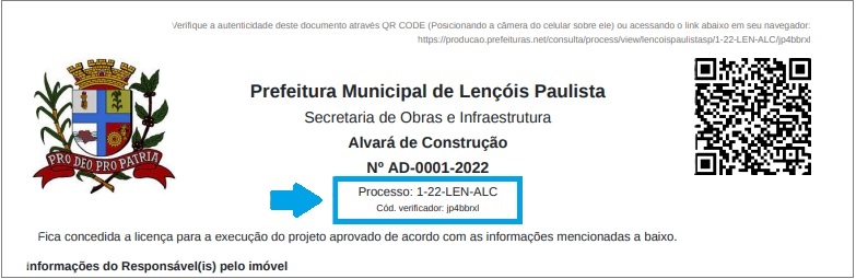 Modelo de alvará mostrando aonde localizar o nº do processo e o código verificador